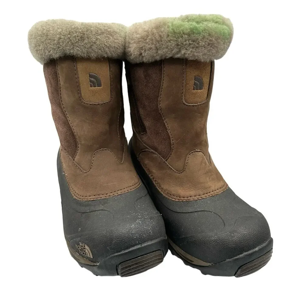 North Face Greenland Brown Zip Waterproof Winter Boots Size 8 Faux Fur Shearling - Picture 1 of 15